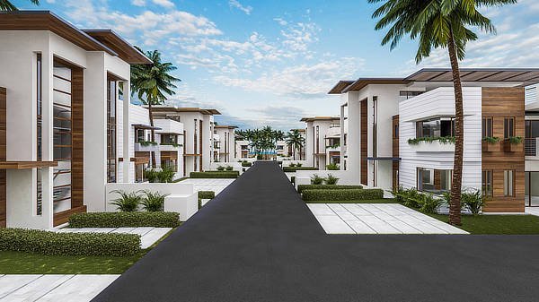 View of villas at Kite Beach Villas 2, looking down street to ocean in distance