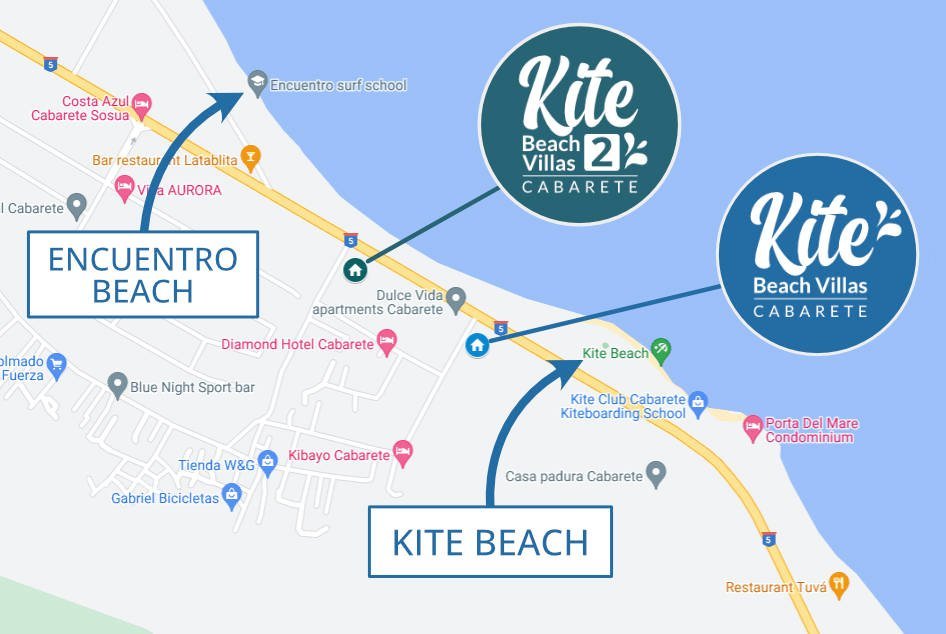 Map showing location of both communities and nearby beaches, Kite Beach and Encuentro Beach